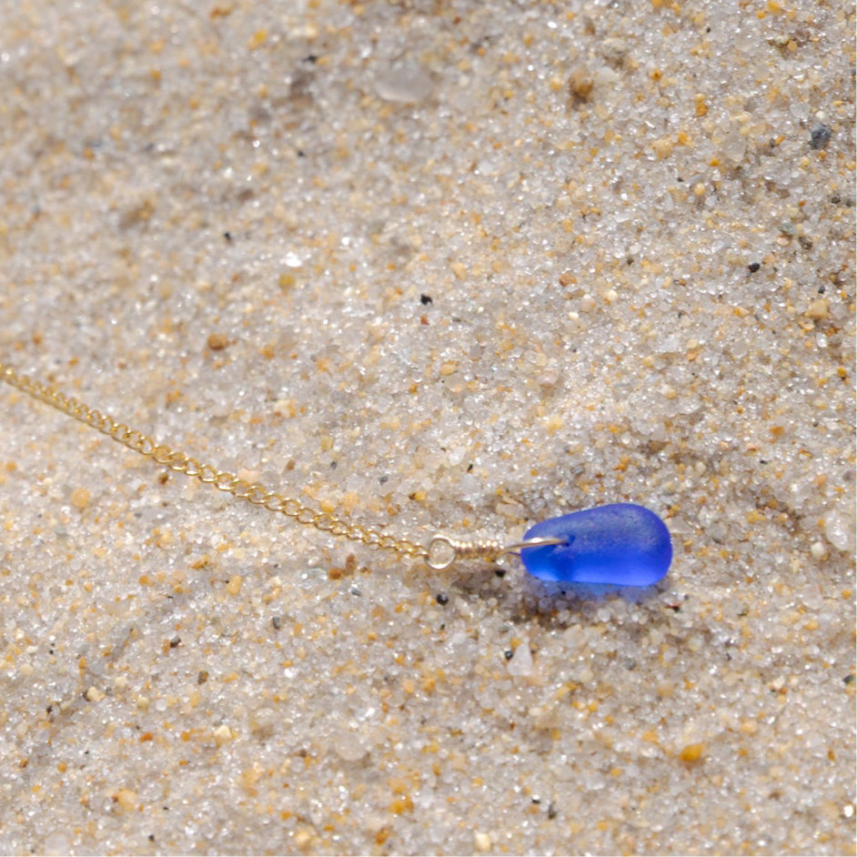 Dainty Cobalt Blue Lariat Style Sea Glass Necklace