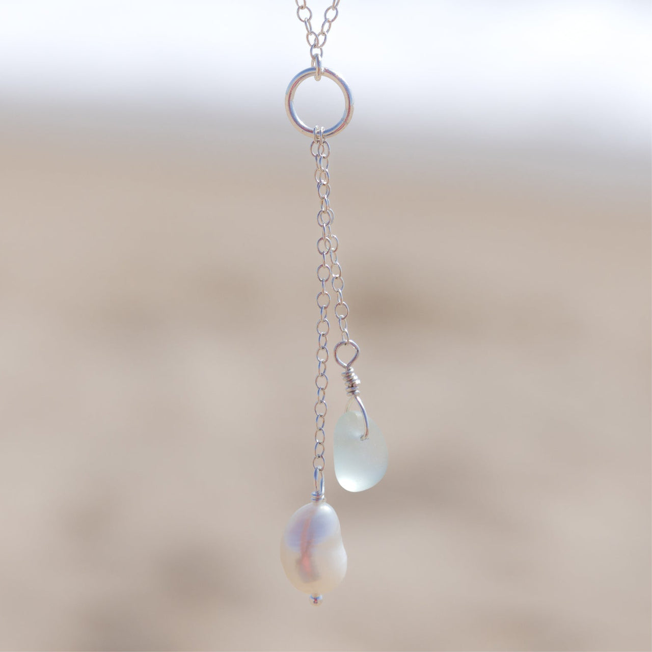 Aqua Blue Sea Glass + Baroque Pearl Necklace