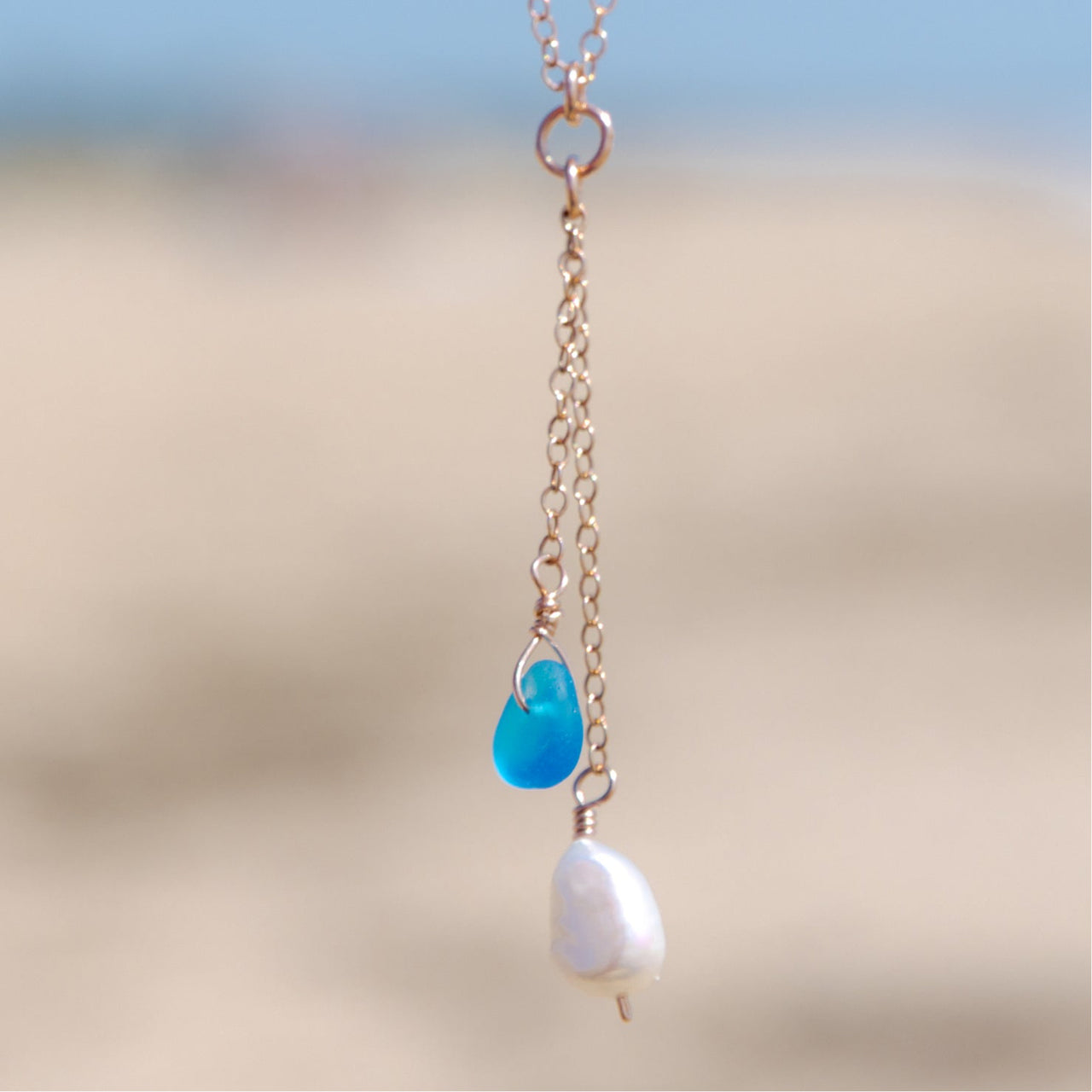 Turquoise Blue Sea Glass + Baroque Pearl Necklace