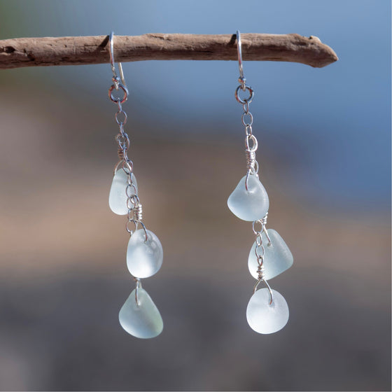 Aqua Blue Sea Glass 3 Charm Earrings