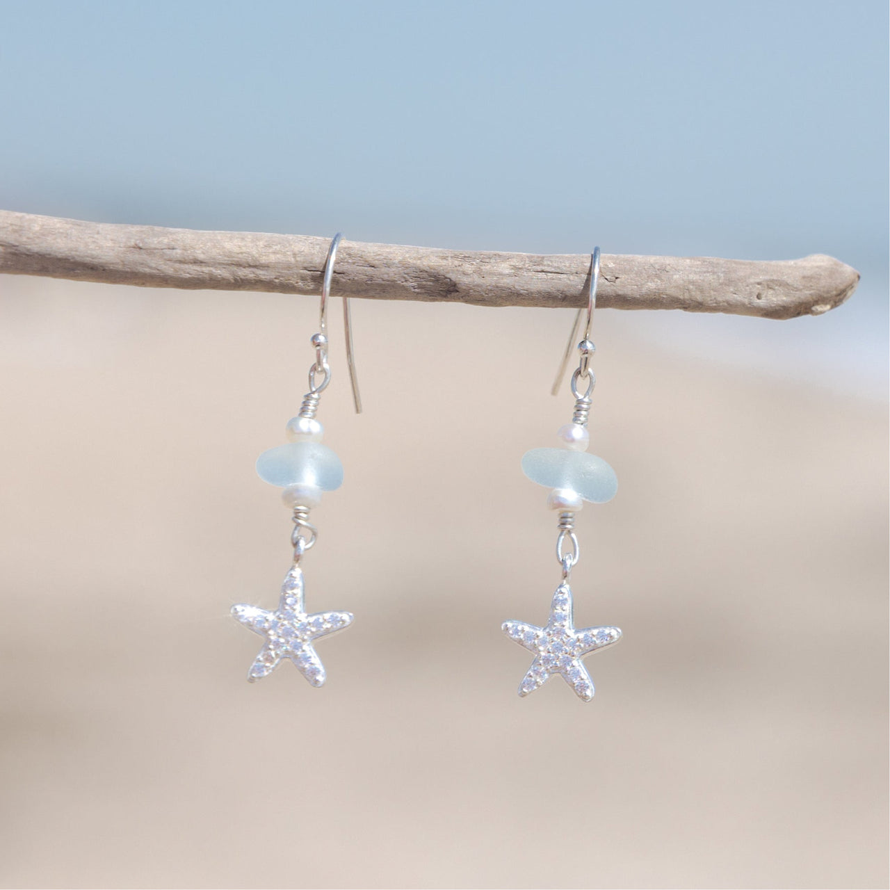Sterling Silver Dainty Aqua Blue Sea Glass + Mini Baroque Pearl Starfish Earrings