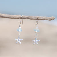 Sterling Silver Dainty Aqua Blue Sea Glass + Mini Baroque Pearl Starfish Earrings