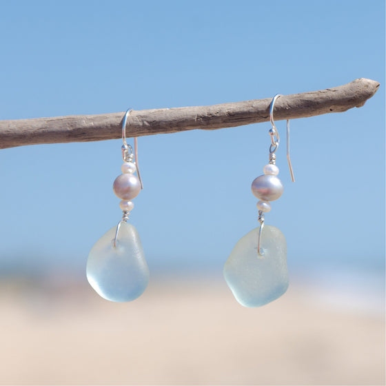 Aqua Blue Sea Glass + Freshwater Pearl Earrings