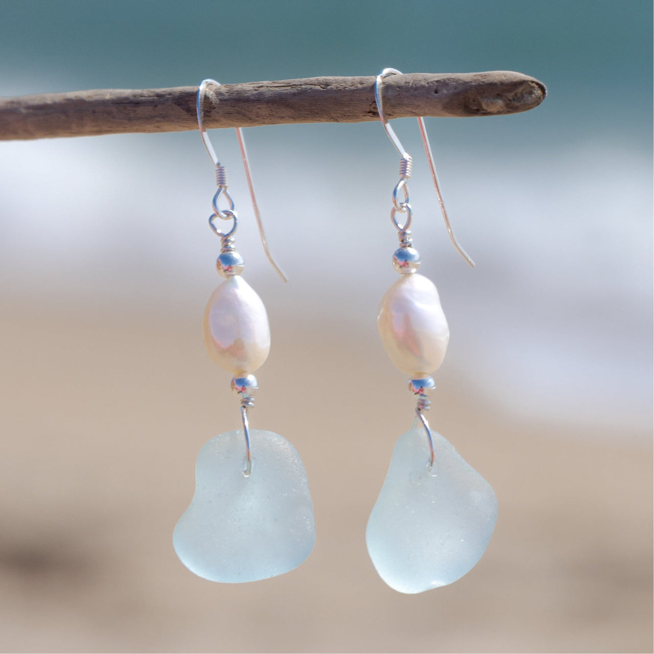Aqua Blue Sea Glass + Baroque Pearl Earrings