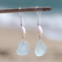 Aqua Blue Sea Glass + Baroque Pearl Earrings