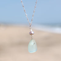 Sterling Silver Aqua Blue Sea Glass, Pearl + Moonstone Necklace