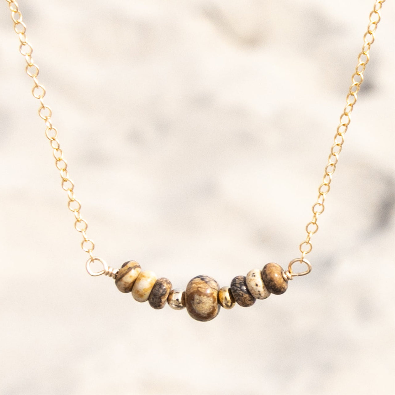 Natural Brown Jasper Gemstone Beaded Necklace: 14k Gold Filled Adjustable Chain