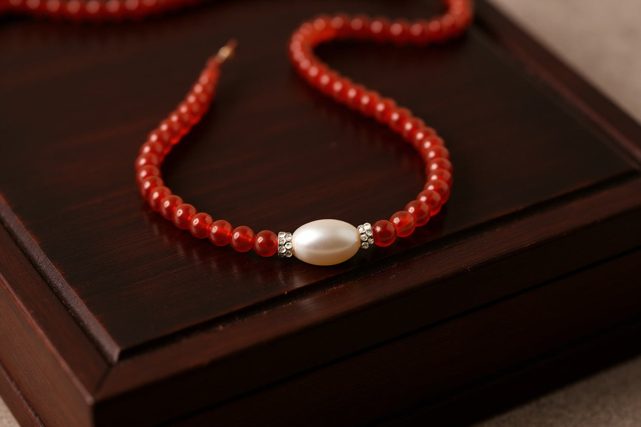 Carnelien and Baroque Pearl Beaded Necklace: Sterling Silver, Lobster Clasp, Adjustable Chain