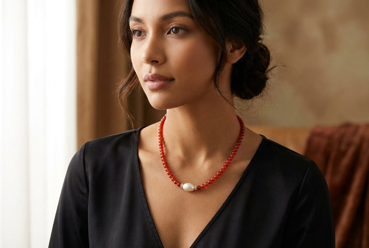 Carnelien and Baroque Pearl Beaded Necklace: Sterling Silver, Lobster Clasp, Adjustable Chain