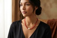 Carnelien and Baroque Pearl Beaded Necklace: Sterling Silver, Lobster Clasp, Adjustable Chain