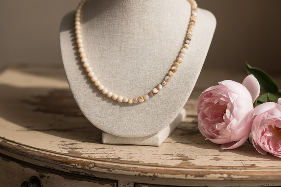 Mussel Mother of Pearl and Fossil Jasper Necklace: Beach Jewelry, Sterling Silver, 14k Gold Filled, Earth Tones