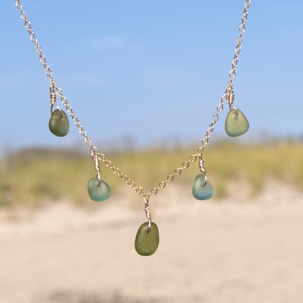 5 Charm Multi Color Green Sea Glass Necklace