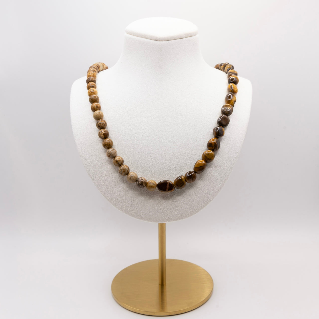 Tigers Eye and Brown Picture Jasper Necklace: Multicolor Beads, Gold Filled, Earth Tones