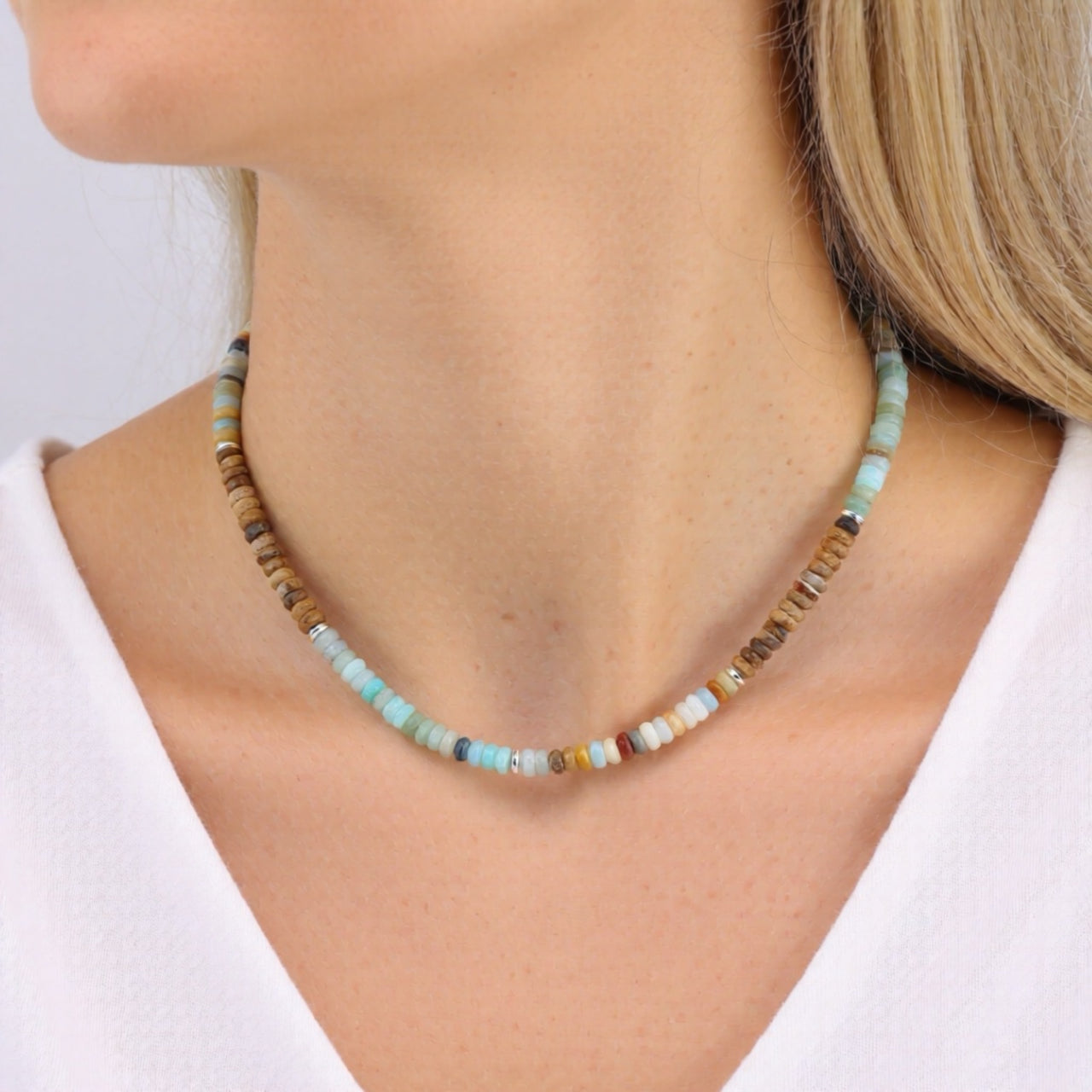 Amazonite and Brown Picture Jasper Necklace: Multicolor Beads, Sterling Silver, 14k Gold Filled, Earth Tones