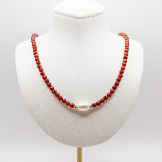 Carnelien and Baroque Pearl Beaded Necklace: Sterling Silver, Lobster Clasp, Adjustable Chain