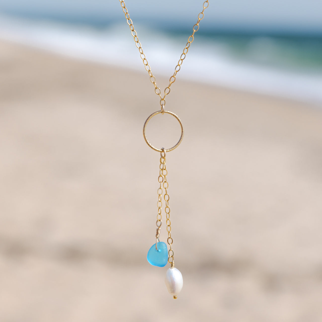 Teal Blue Sea Glass + Baroque Pearl Circle Drop Necklace