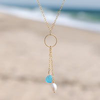 Teal Blue Sea Glass + Baroque Pearl Circle Drop Necklace