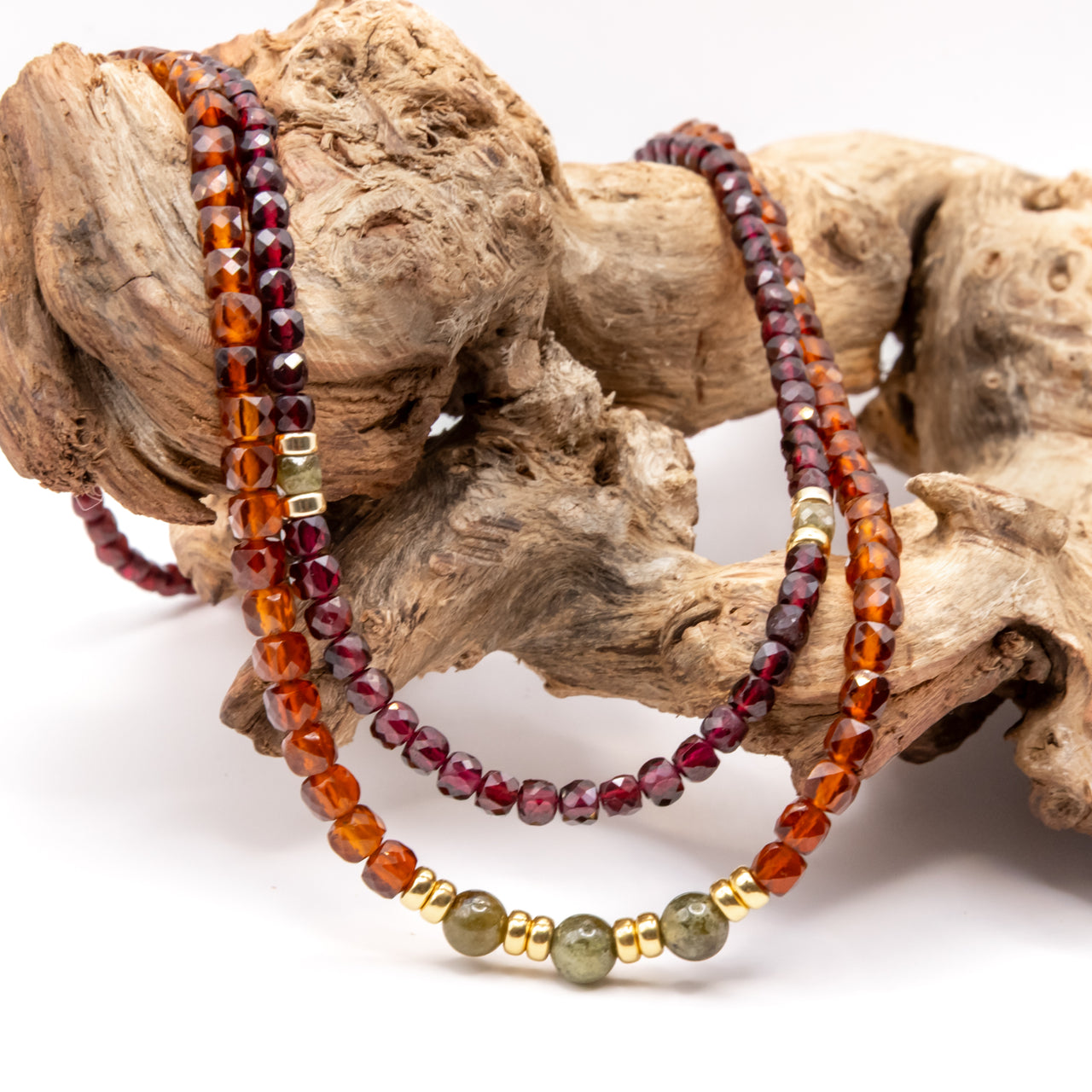 Beaded Garnet Necklace Set: Multicolor Garnet Beads, Gold Filled, January Birthstone
