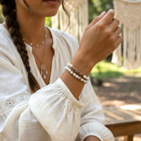 14k Rose Gold Filled, White Hematite and Mocha Biwa Pearl Beaded Boho Style Stacking Bracelet Set