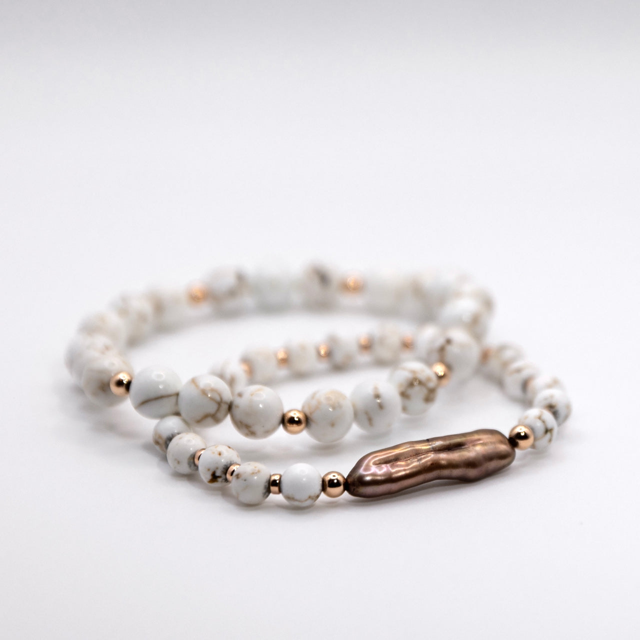 14k Rose Gold Filled, White Hematite and Mocha Biwa Pearl Beaded Boho Style Stacking Bracelet Set