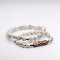14k Rose Gold Filled, White Hematite and Mocha Biwa Pearl Beaded Boho Style Stacking Bracelet Set