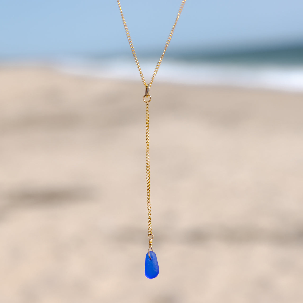 Dainty Cobalt Blue Lariat Style Sea Glass Necklace
