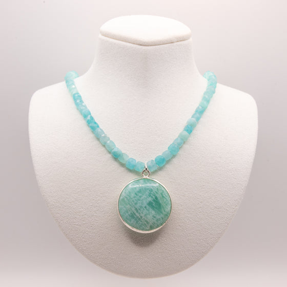 Peruvian Amazonite Pendant Statement Necklace: Microfaceted Beads, Sterling Silver, Adjustable, Lobster Clasp