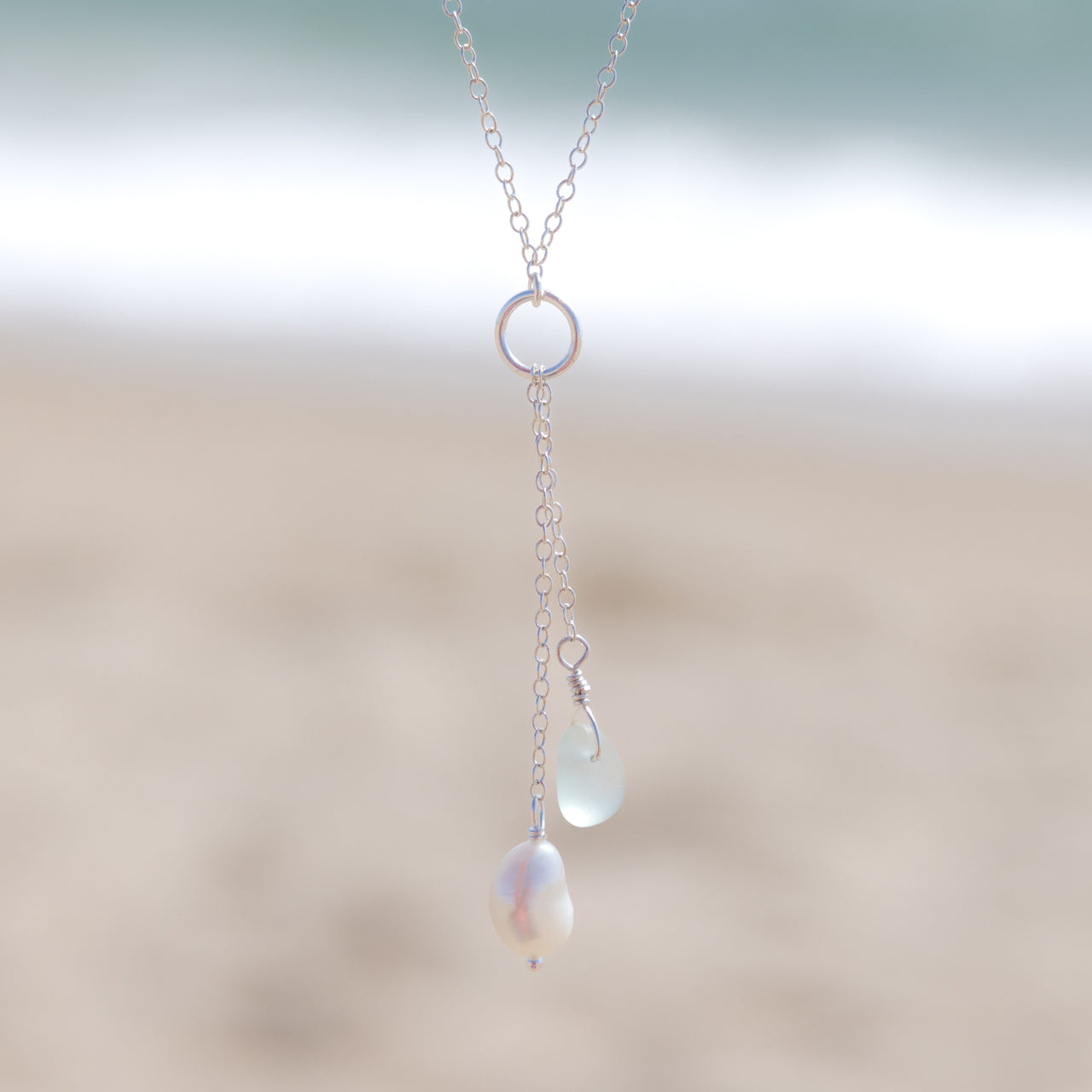 Aqua Blue Sea Glass + Baroque Pearl Necklace