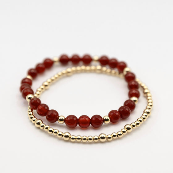14k Gold Filled Carnelian Bracelet Set: Stacking Beaded Bracelets