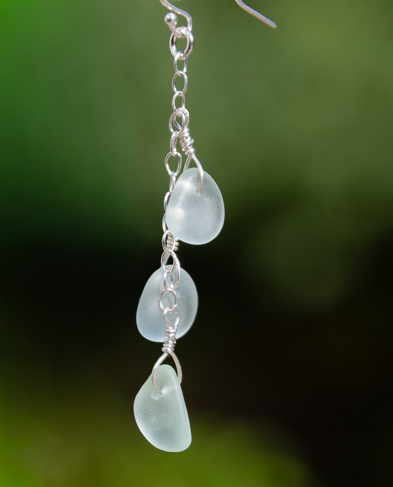 Aqua Blue Sea Glass 3 Charm Earrings