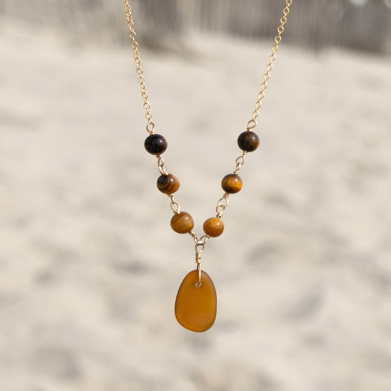 Genuine Amber Brown Sea Glass and Tiger’s Eye Beaded Necklace: 14k Gold Filled Adjustable Chain