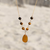 Genuine Amber Brown Sea Glass and Tiger’s Eye Beaded Necklace: 14k Gold Filled Adjustable Chain