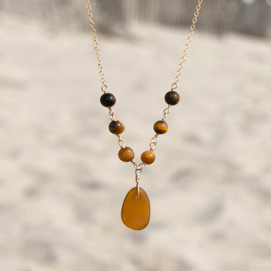 Genuine Amber Brown Sea Glass and Tiger’s Eye Beaded Necklace: 14k Gold Filled Adjustable Chain
