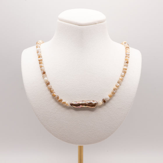 Mussel Shell Mother of Pearl and Mocha Biwa Pearl Necklace: 14k Gold Filled or Sterling Silver, Lobster Clasp, Adjustable, Earth Tones