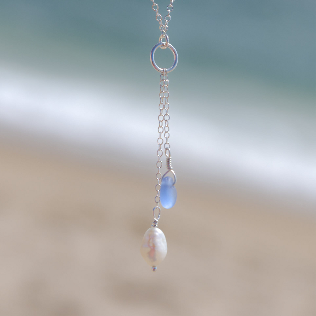 Blue/Purple Sea Glass + Baroque Pearl Necklace