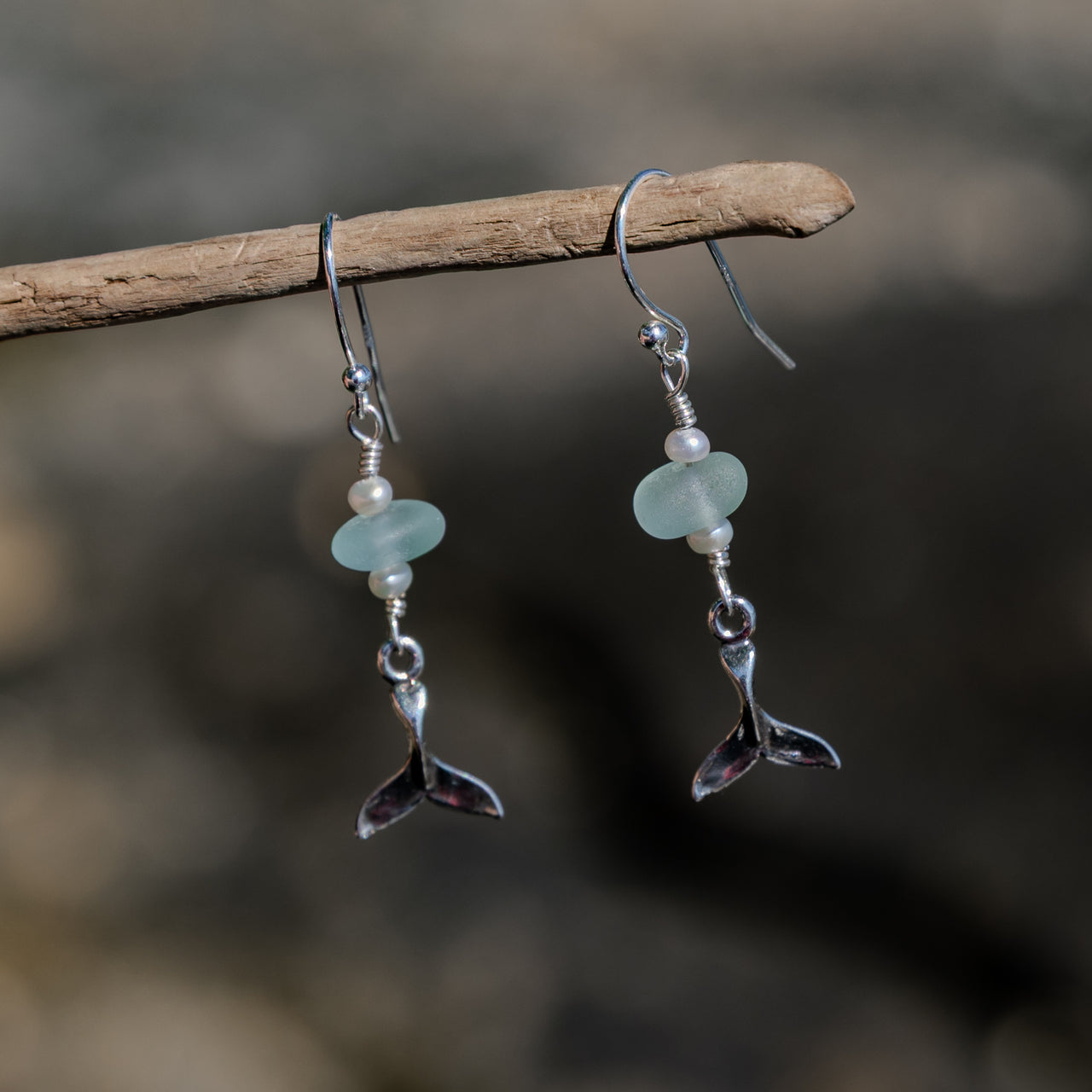 Sterling Silver Dainty Aqua Blue Sea Glass + Mini Baroque Pearl Whale Tail Earrings