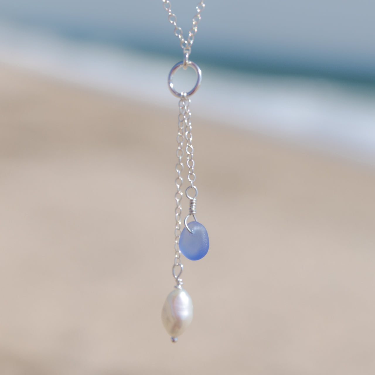 Blue/Purple Sea Glass + Baroque Pearl Necklace