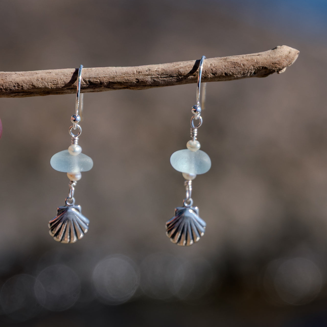 Sterling Silver Dainty Aqua Blue Sea Glass + Mini Baroque Pearl Scallop Shell Earrings