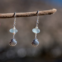 Sterling Silver Dainty Aqua Blue Sea Glass + Mini Baroque Pearl Scallop Shell Earrings