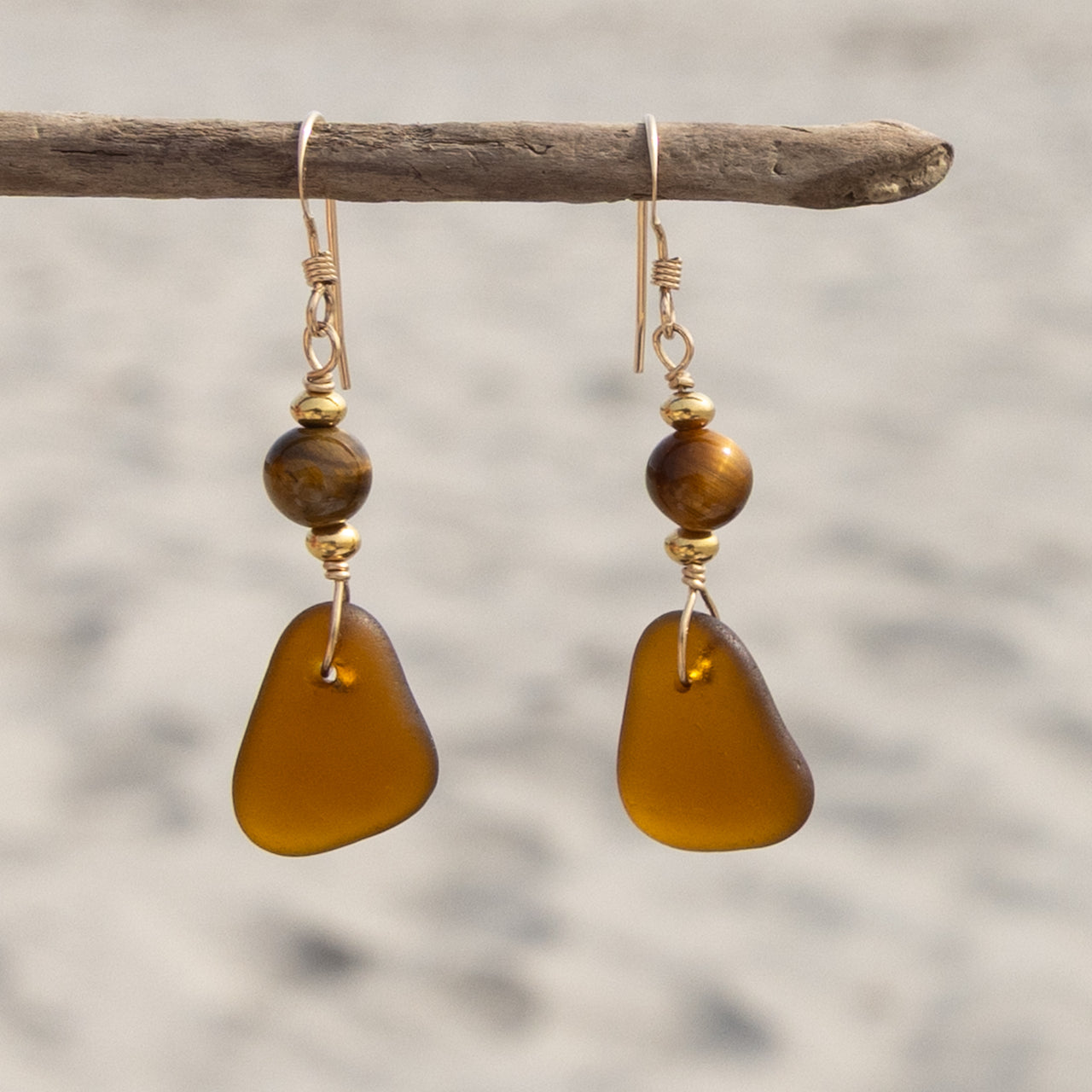 14k Gold Filled Amber Brown Sea Glass and Tiger’s Eye Beaded Drop Earrings