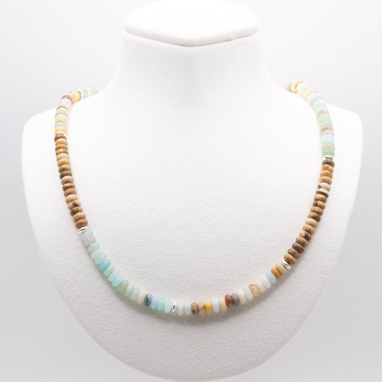 Amazonite and Brown Picture Jasper Necklace: Multicolor Beads, Sterling Silver, 14k Gold Filled, Earth Tones