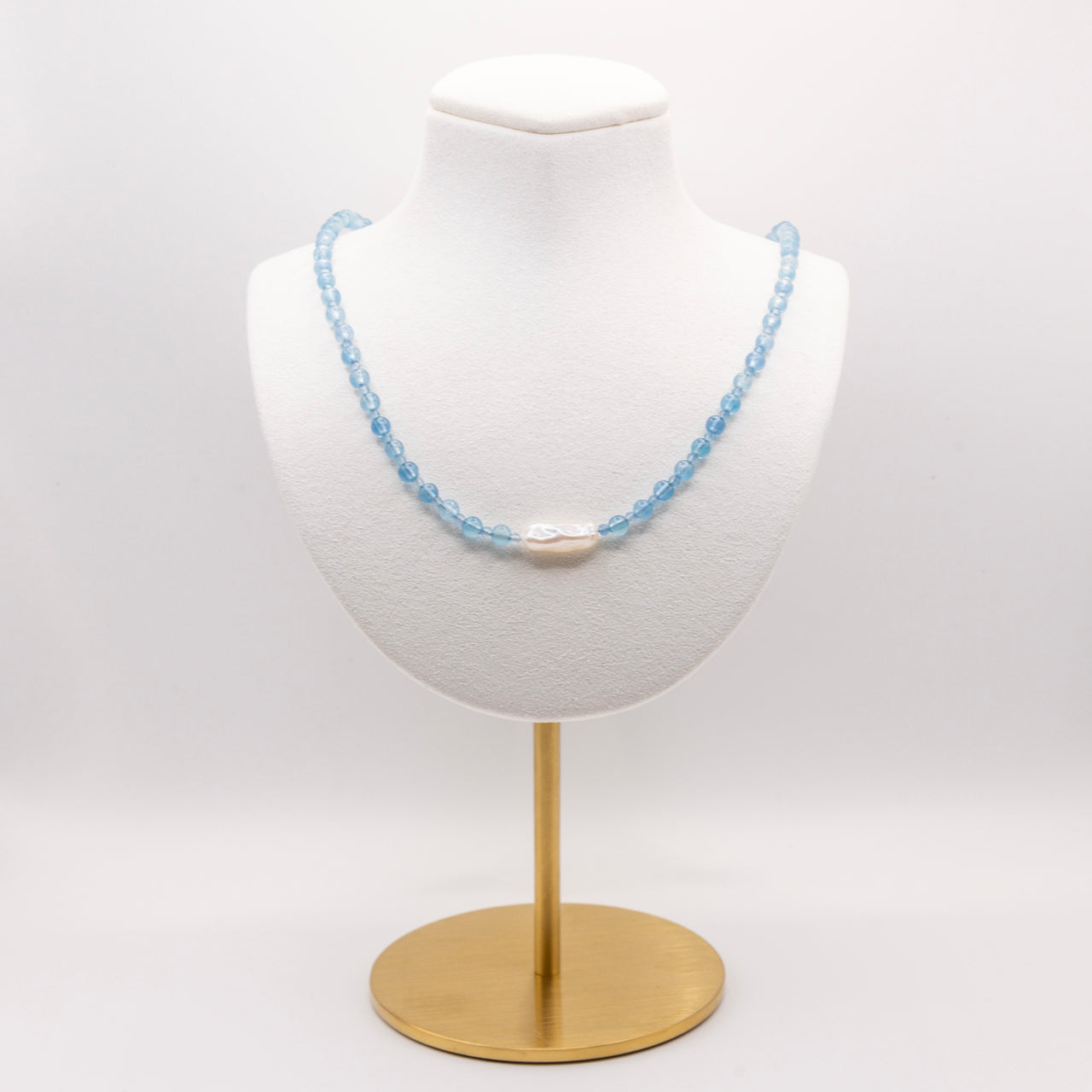 Aquamarine and Biwa Pearl Beaded Necklace:  Adjustable, Sterling Silver, Beach Jewelry, Grade A+ Aquamarine