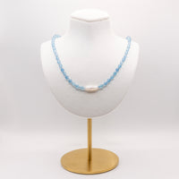 Aquamarine and Biwa Pearl Beaded Necklace:  Adjustable, Sterling Silver, Beach Jewelry, Grade A+ Aquamarine