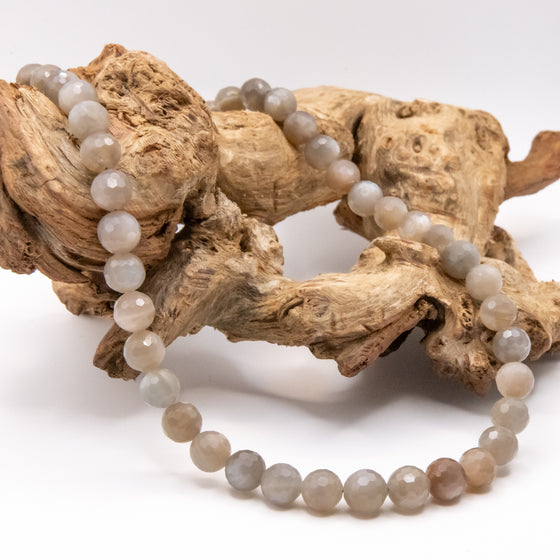 Grey Moonstone Beaded Necklace: Grade A 8.5mm Faceted Moonstone Beads, Sterling Silver