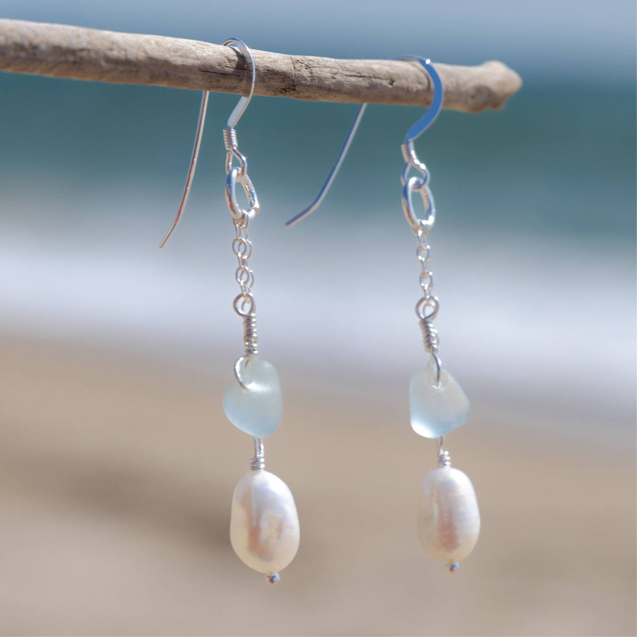 Aqua Blue Sea Glass + Baroque Pearl Dangle Earrings