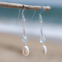 Aqua Blue Sea Glass + Baroque Pearl Dangle Earrings