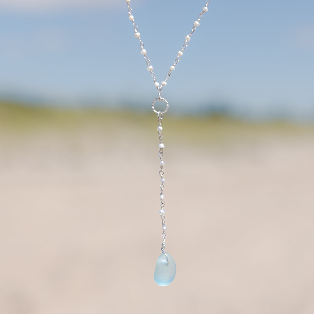 Sterling Silver Aqua Blue Sea Glass + Pearl Drop Necklace