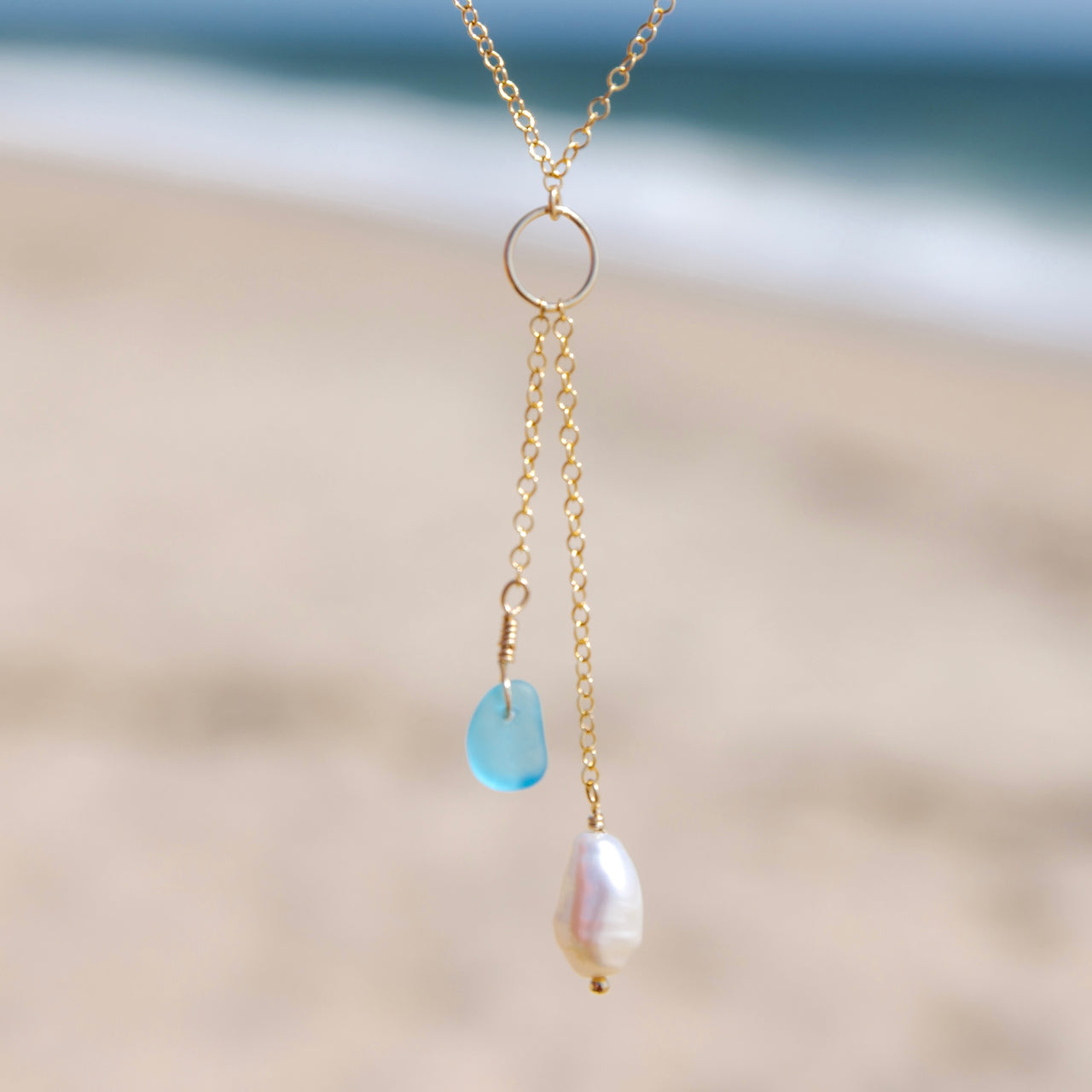 Teal Blue Sea Glass + Baroque Pearl Circle Drop Necklace