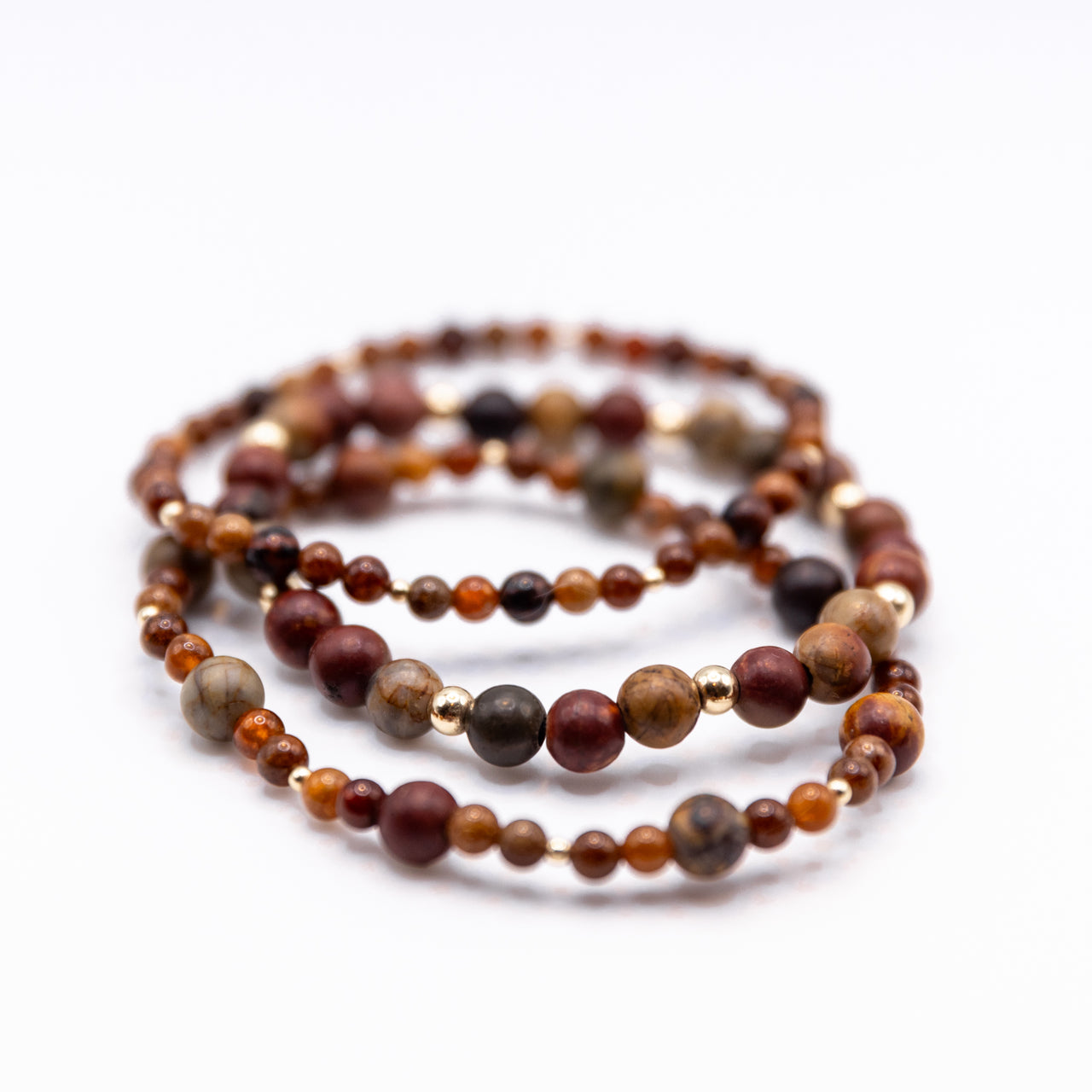 14k Gold Filled, Red Creek Jasper, Hessonite Garnet and Mahogany Obsidian Beaded Boho Style Stacking bracelets (set of three bracelets)