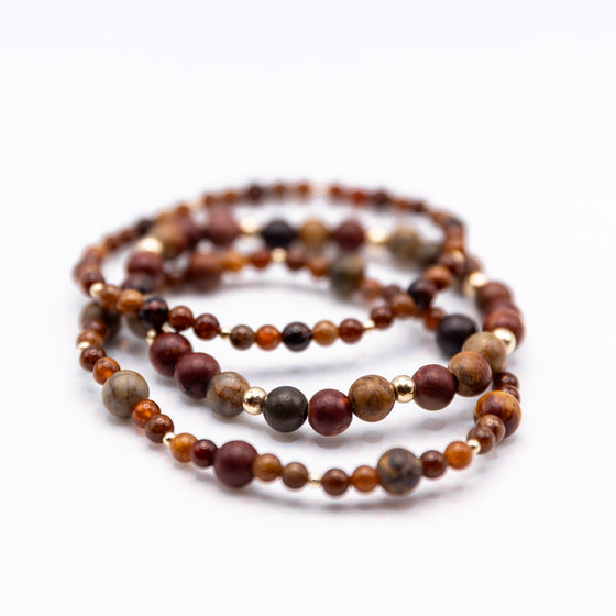 14k Gold Filled, Red Creek Jasper, Hessonite Garnet and Mahogany Obsidian Beaded Boho Style Stacking bracelets (set of three bracelets)